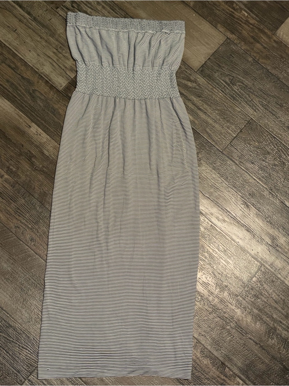Strapless Smocked Midi Dress in Gray and White Stripe